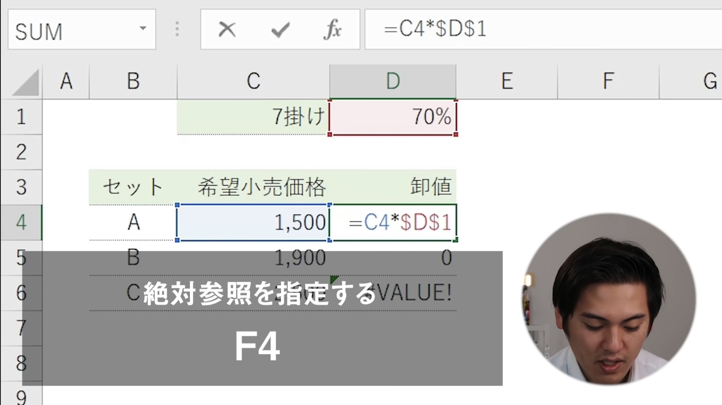 絶対参照　F4キー